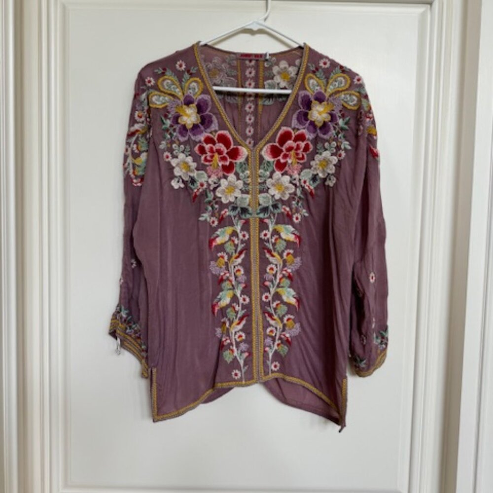 Johnny Was Floral Embroidered Blouse Adjustable Sleeves